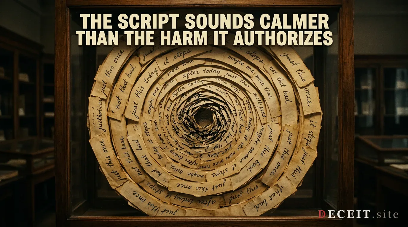 The same monologue revealed as a loop. Behind the calm permission story, the act lands, the story mutates into shame, then forgetting. The same script returns, word for word. Recognition arrives too late to matter.