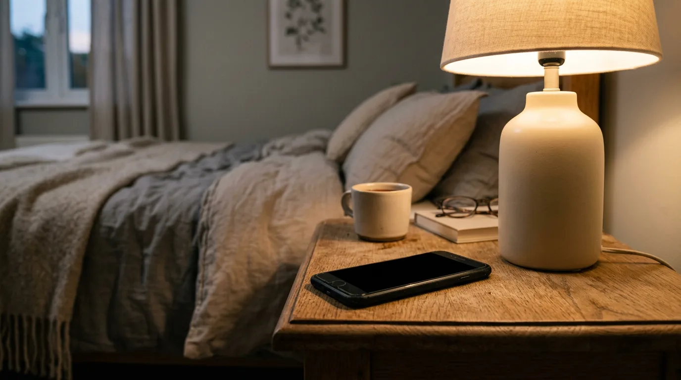 An ordinary smartphone resting on a bedside table.
