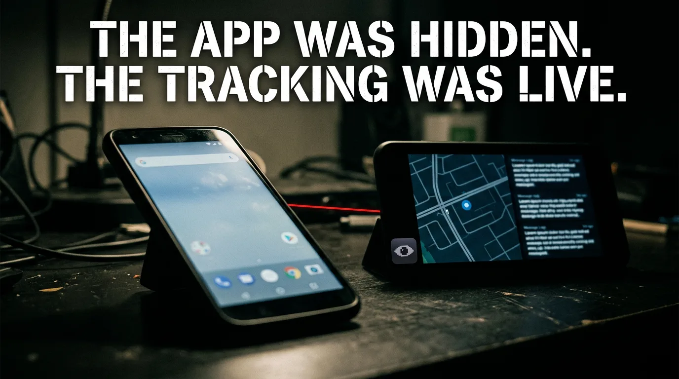 A hidden app mirroring location, messages, and calls to someone else's screen.