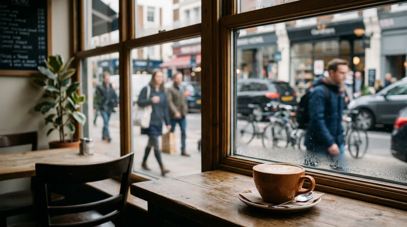 A quiet café window on an ordinary street.