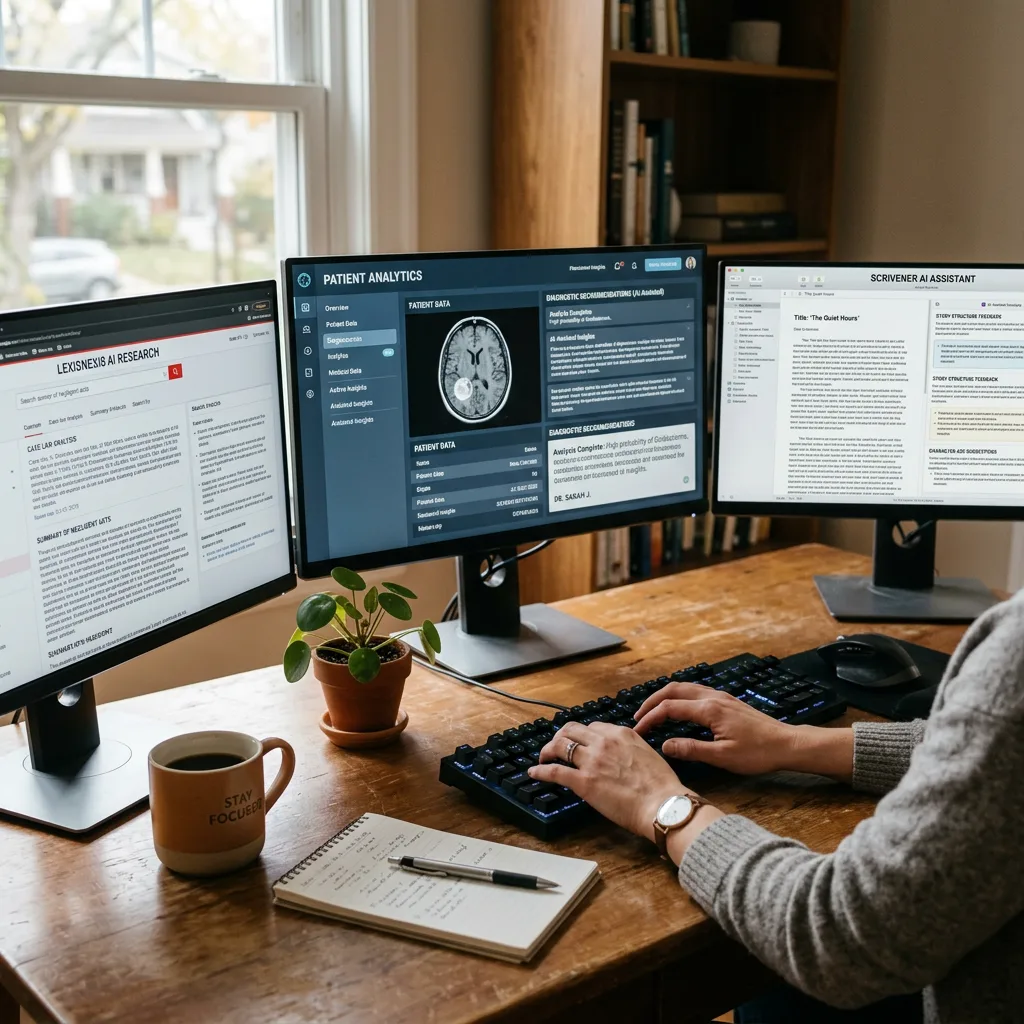 A person working calmly with AI tools on multiple screens in a warm, human-centered workspace.