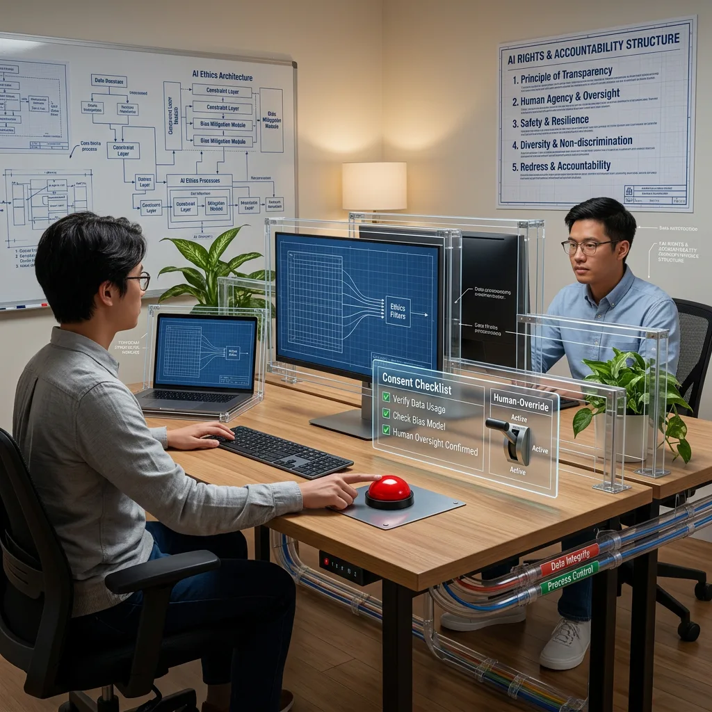 The same workspace with the ethical infrastructure made visible: guardrails, consent frameworks, override buttons, and accountability structures surrounding every tool.