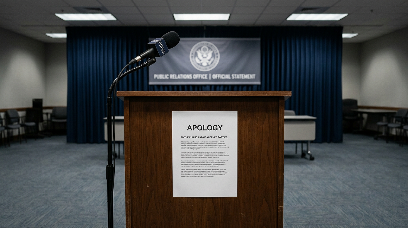 Official podium with an APOLOGY statement