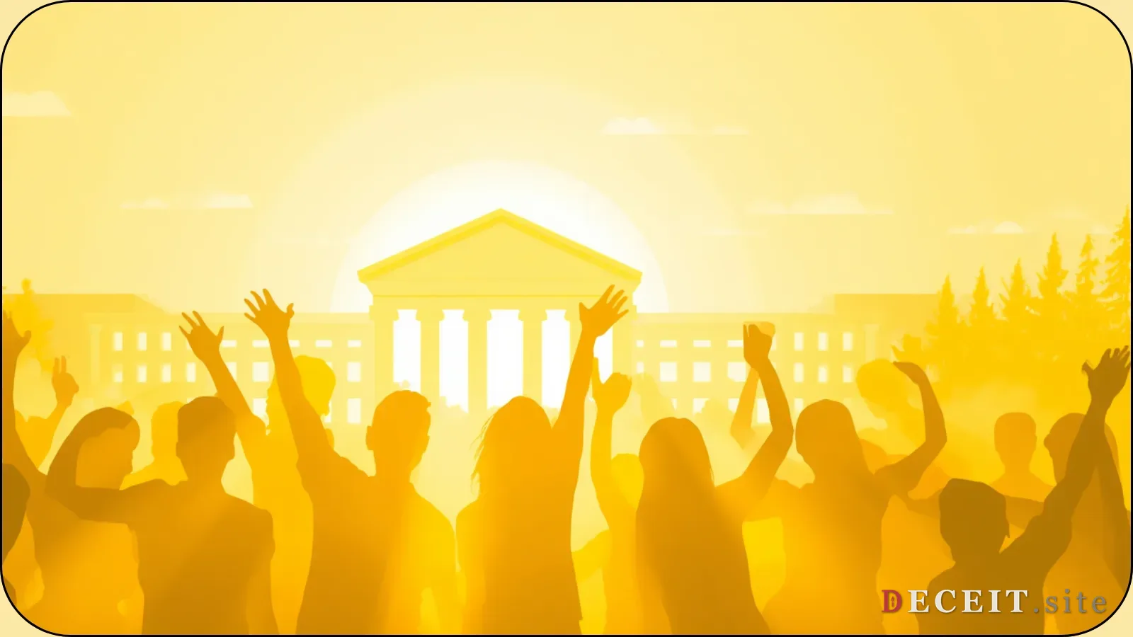 A bright, hopeful scene of civic engagement. Abstract silhouettes of people standing together, warm golden light, a community building. Empowered, organized, victorious.
