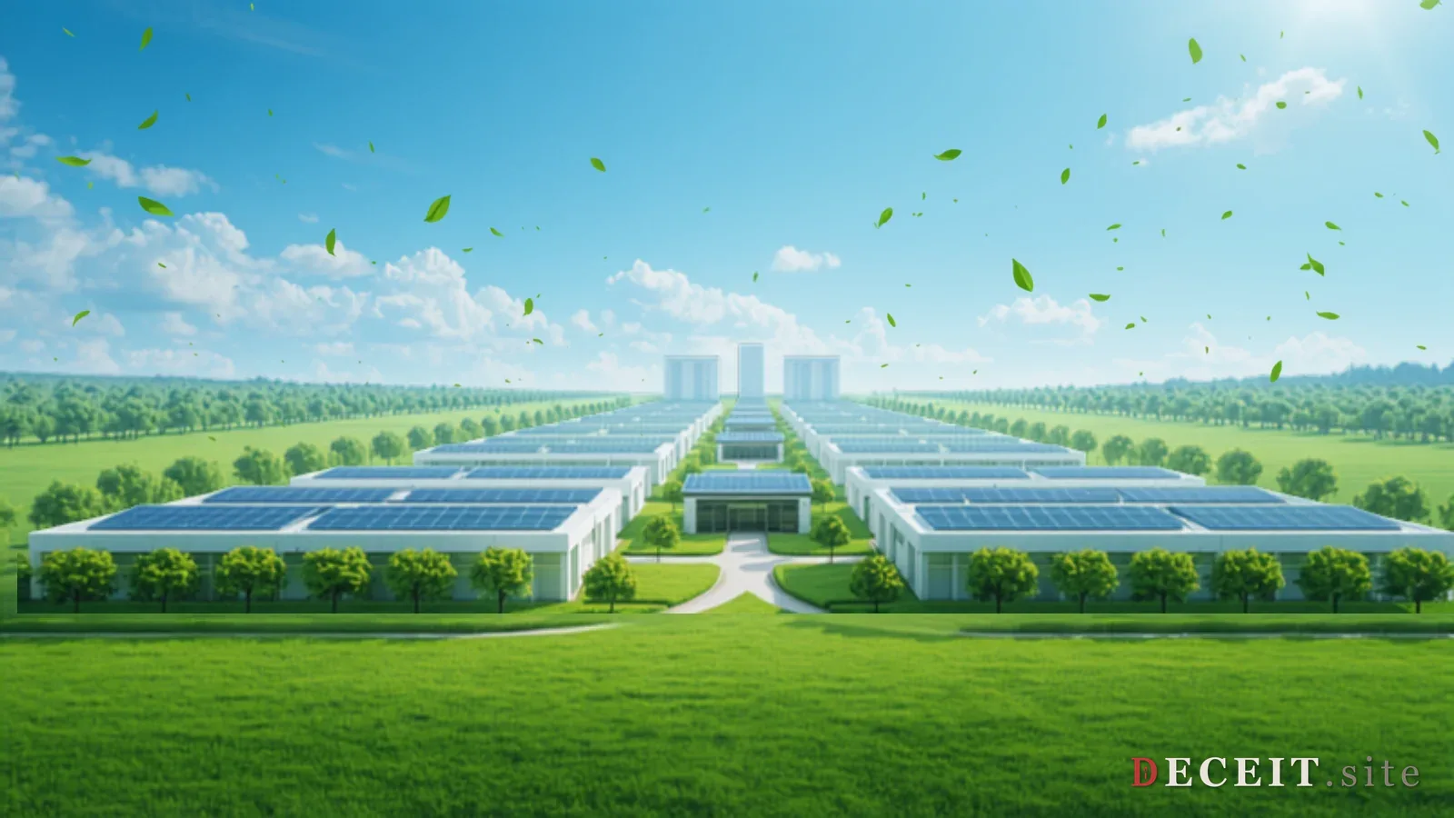 A pristine green AI data center with solar panels, lush landscaping, and a bright blue sky. Corporate sustainability aesthetic, clean and hopeful.