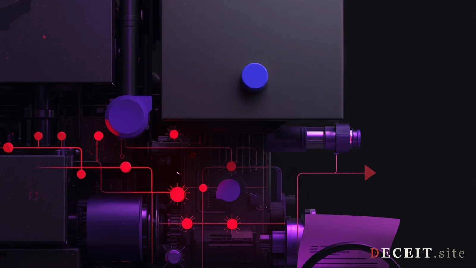 The same news website revealed as a content generation machine. Behind the headlines, a single AI system generates all 40,000 articles. Assembly-line mechanics, template injection points.