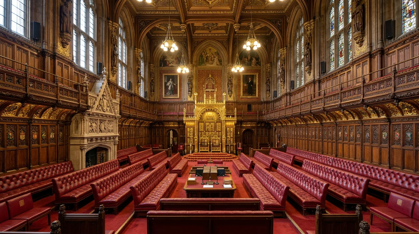 Empty ornate parliamentary chamber with red benches