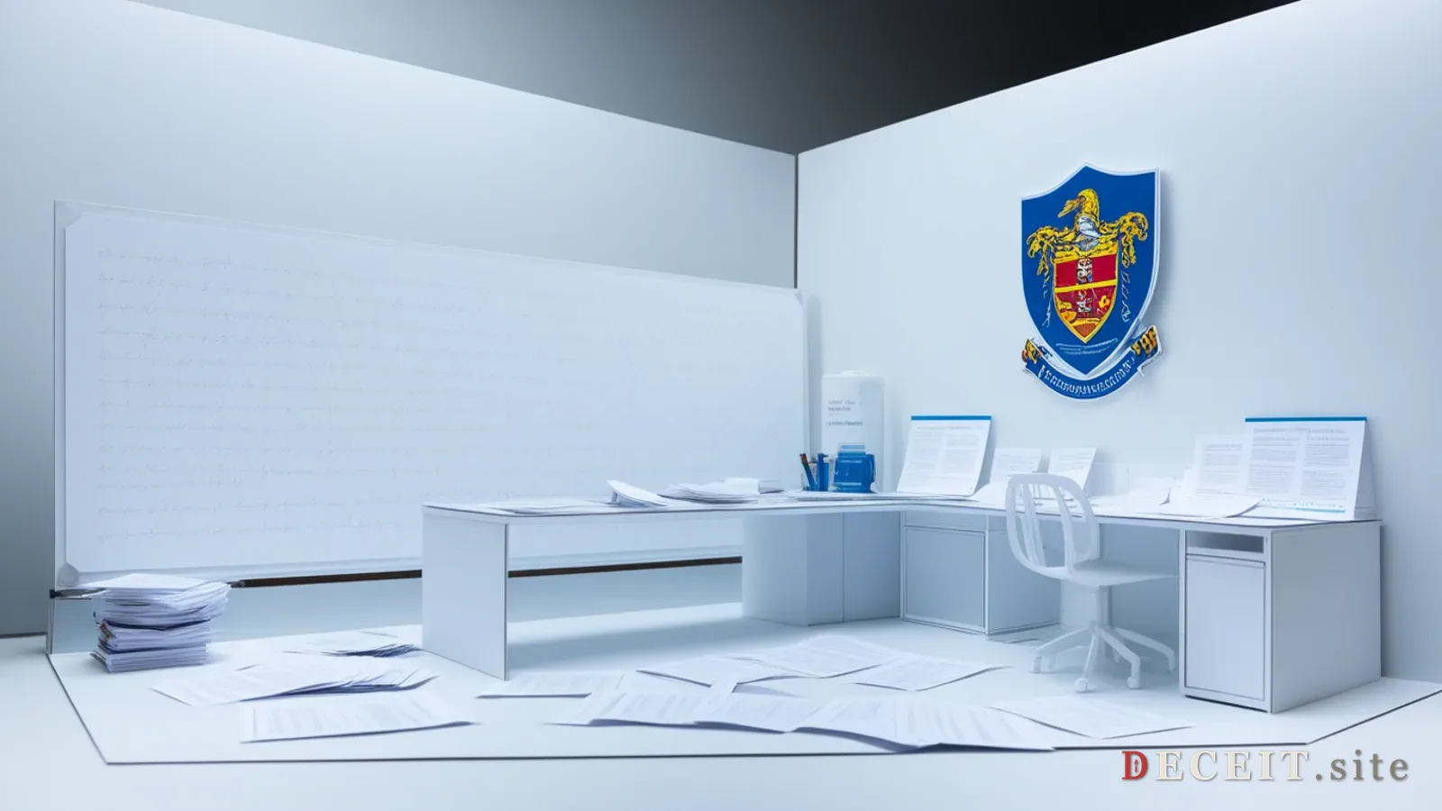 A pristine academic research lab. Clean whiteboards with equations, published papers on a desk, a university crest. Rigorous, respected, funded.