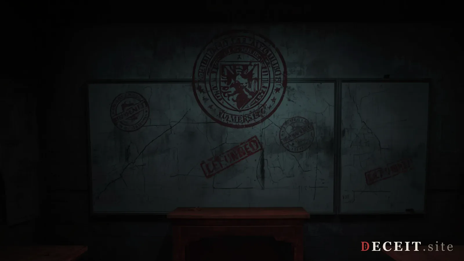 The same lab revealed as defunded and closed. Whiteboards erased, papers stamped DEFUNDED, the university crest cracked. The findings remain on a single glowing document, but the lab is gone.