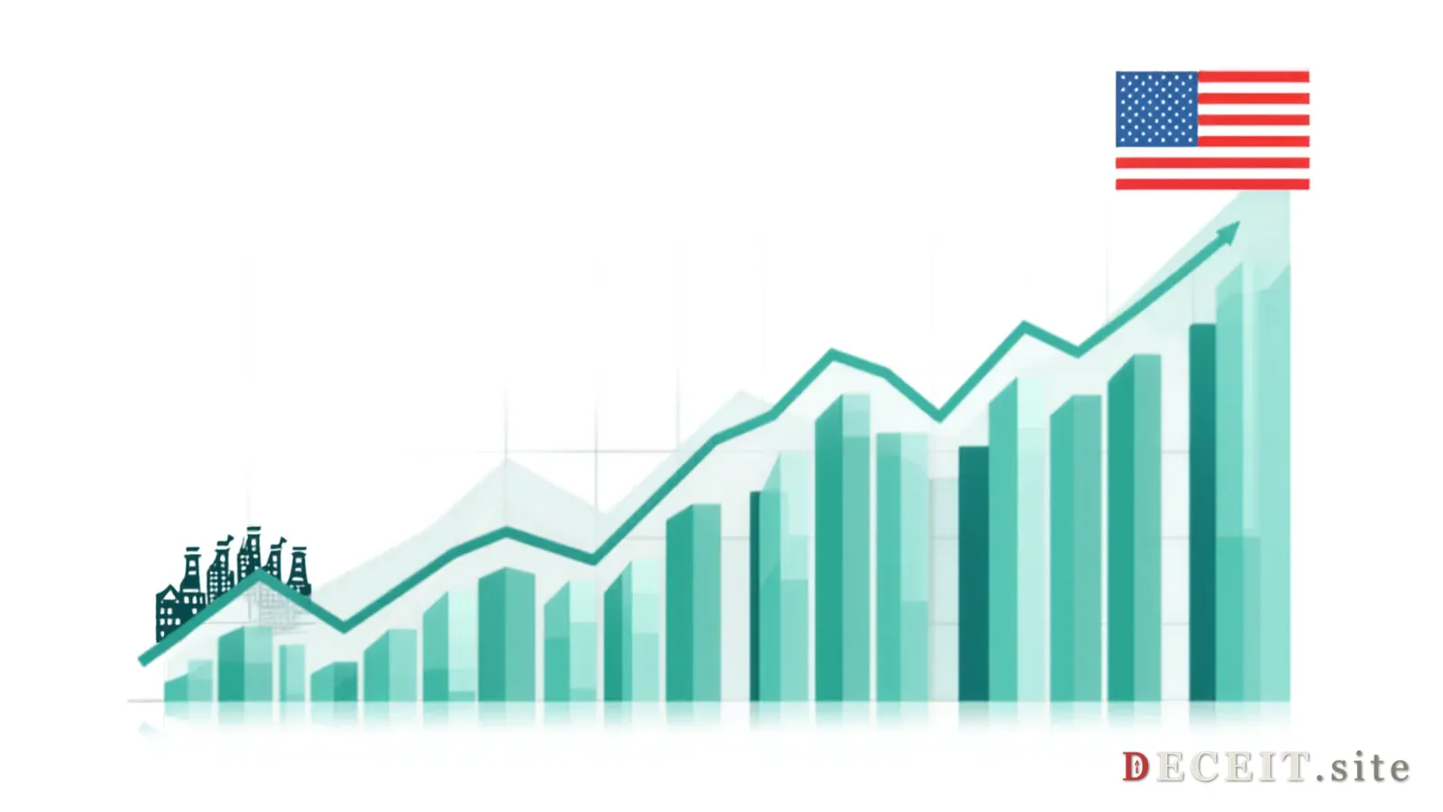 A clean, professional economic dashboard. Green upward charts, factory icons, American flag, bright lighting. Prosperous, growing, working-class-friendly.