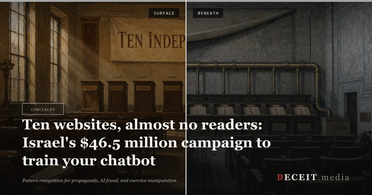 Dark Deceit.media title card. Verdict badge: Concealed. Headline: Ten websites, almost no readers: Israel's $46.5 million campaign to train your chatbot. Tagline: Pattern recognition for propaganda, AI fraud, and coercive manipulation.